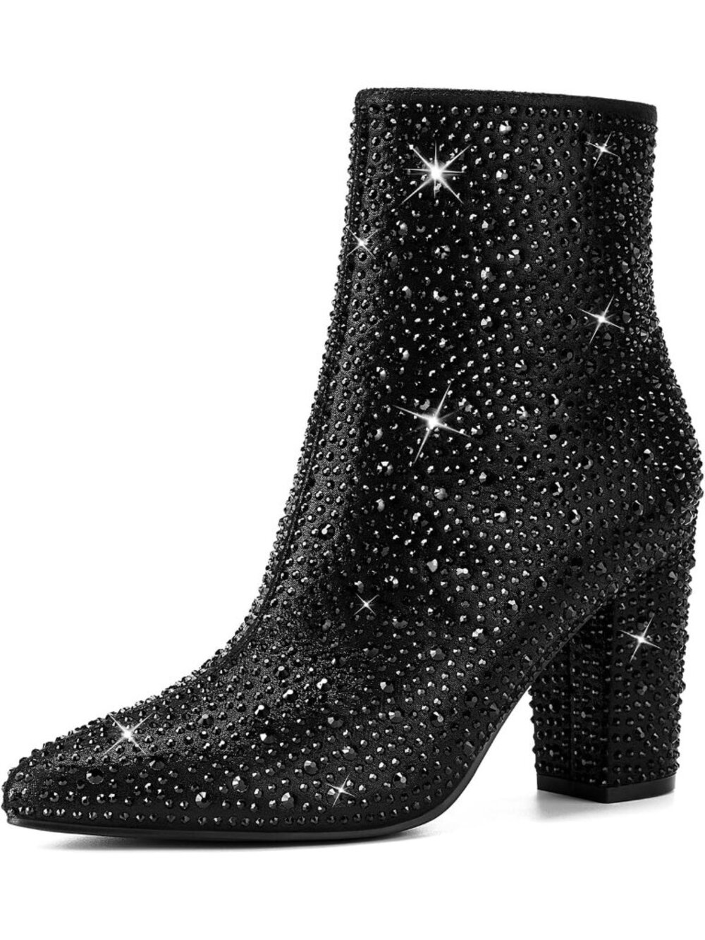 Women's Black Rhinestone Sparkly Pointed Toe Chunky Heel Stylish Ankle Booties